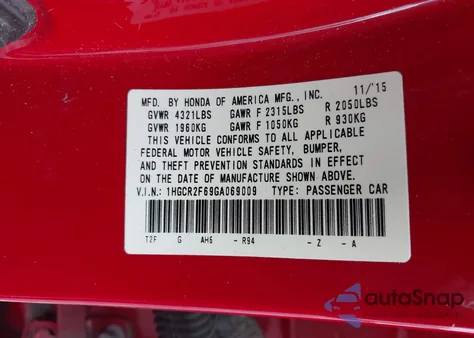 2016 Honda Accord Sport from USA, damaged, VIN 1HGCR2F69GA069009